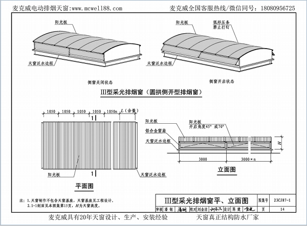 23CJ87-1采光、通風(fēng)、消防排煙天窗(一)中III型側(cè)開式圓拱型電動(dòng)采光排煙天窗 23CJ87-1采光、通風(fēng)、消防排煙天窗(一)中III型側(cè)開式圓拱型電動(dòng)采光排煙天窗